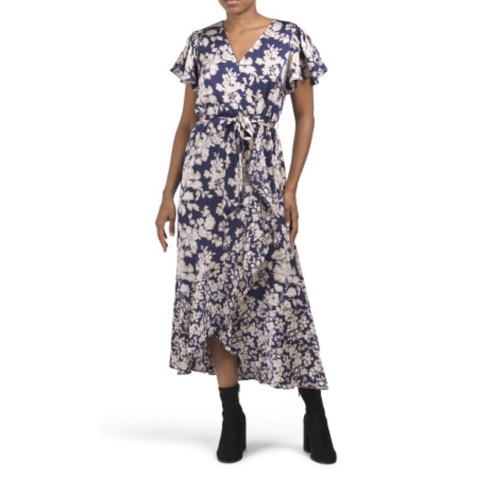 Nicole‎ Miller floral faux wrap dress midi maxi large wedding guest party event